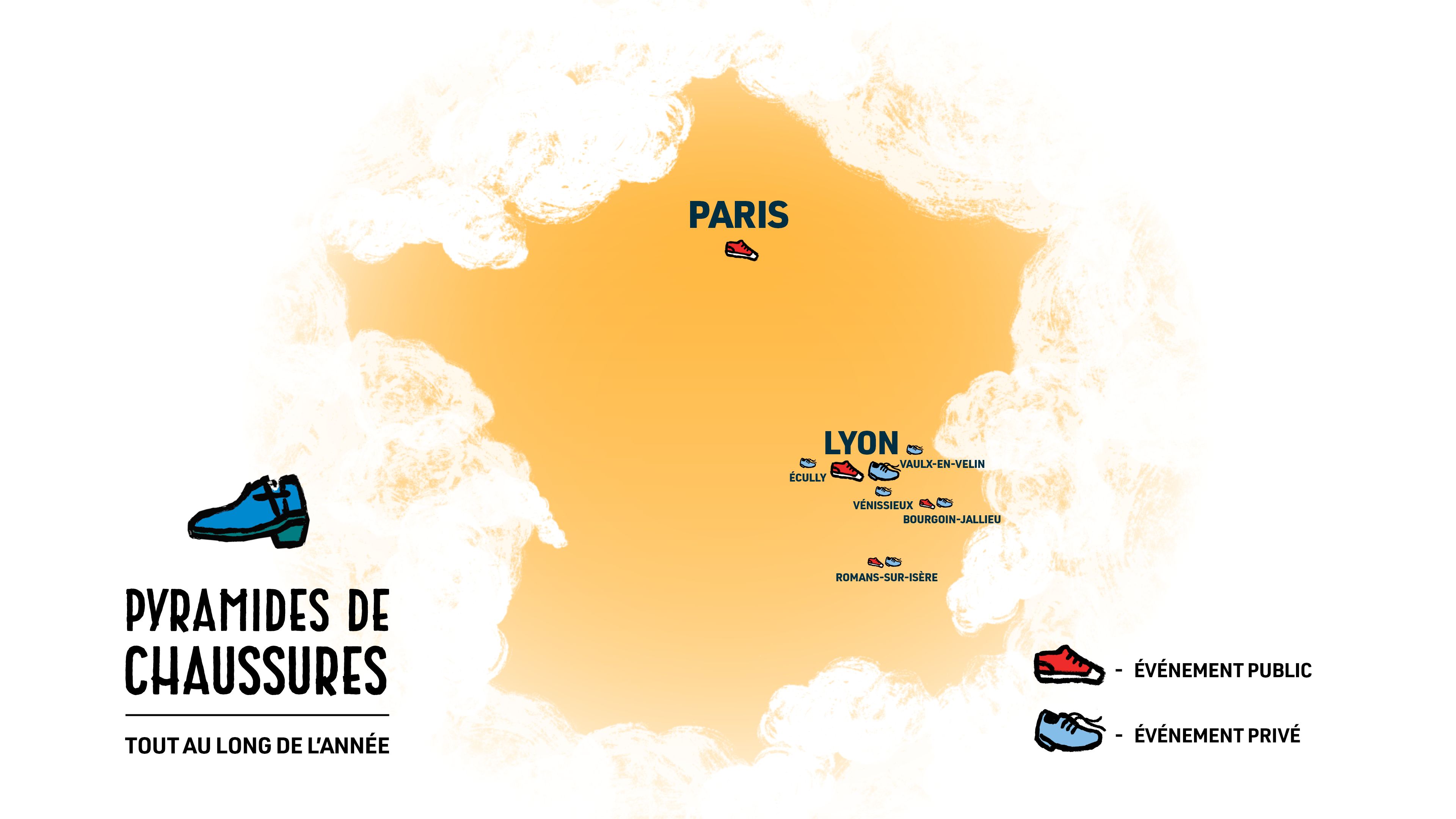 Carte de France - villes des Pyramides de chaussures