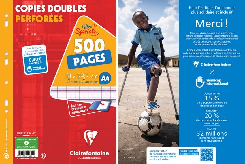 Aperçu d'un des produits de la gamme Clairefontaine au profit de HI et du flyer qui y est inséré © Clairefontaine